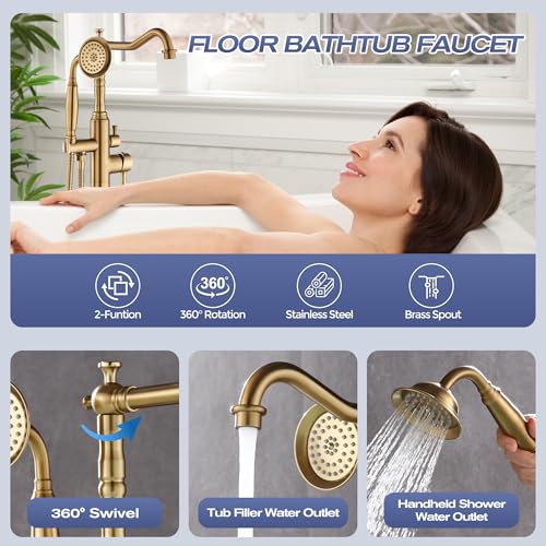 Grifo de bañera independiente, grifo de piso para bañera de baño, grifos de ducha para bañera independientes con rociador manual, acabado brushed gold miniatura 3
