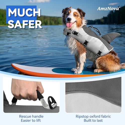 AMZNOVA Shark Hundeschwimmweste, Schwimmweste with Flossen & Haiflosse, Rettungsweste Hund für Bootfahren, Schwimmhilfe & Leichte, XL, Grau