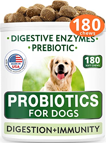 Dog Probiotics Chews - Gas, Diarrhea, Allergy, Constipation, Upset Stomach Relief, with Digestive Enzymes + Prebiotics - Chewable Fiber Supplement - Improve Digestion, Immunity - Made in USA - 180 Ct