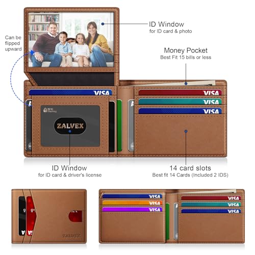 Image of Wallet for Men Slim RFID Blocking Leather Credit Card Holder Wallet for 14 Cards, Bifold Minimalist Thin Wallet with 2 ID Windows & Cash Slot, Front Pockt Carteras Para Hombres, Birthday Gifts for Men