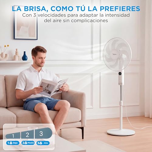 Miniatura 8 de Midea Ventilador De Pie De 3 Velocidades Con Control Remoto - Ventilador Silencioso Con Oscilación 90 - Ventiladores De Pie Con Temporizador, Panel Led, Potente Motor Y Altura Ajustable - Fan