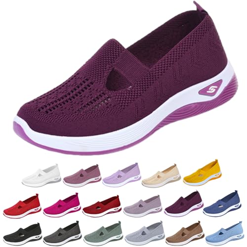 Orthopedic Shoes for Women, Summer Breathable Non-Slip Soft Sole Elderly Shoes, Comfortable Knitted Woven Cut-Out Soft Arch Support Walking Sneakers (Dark Purple, Adult, Women, 6, Numeric, US Footwear Size System, Medium)