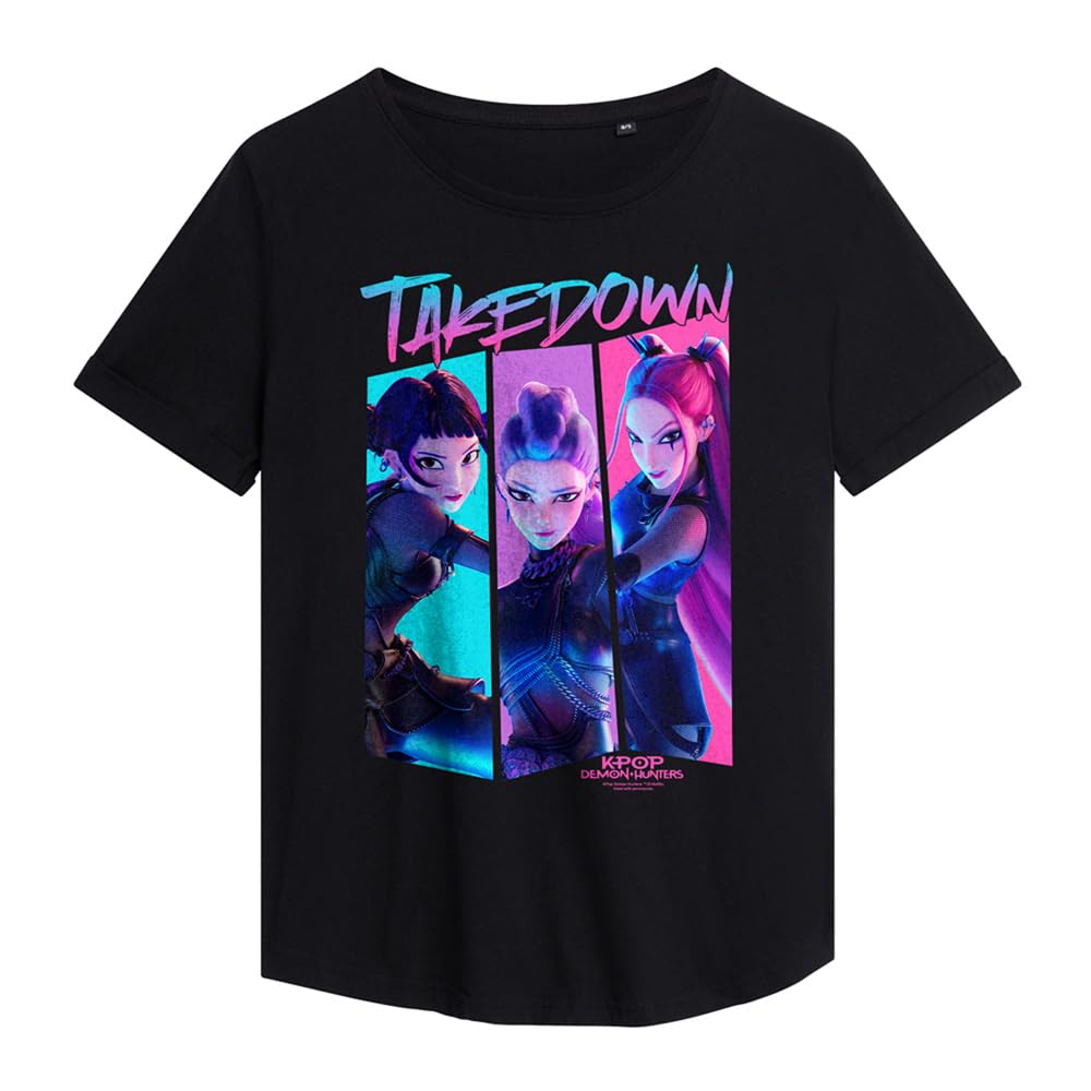 Kpop Demon Hunters Huntrix Demons Takedown Comic Ladies Fashion T Shirt, Black, XX-Large