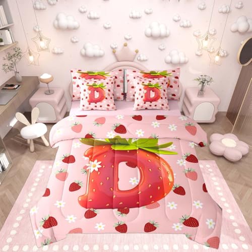 Image of Feelyou Cute Girls Strawberry Comforter Set Full Size 7 Pieces Pink Red Princess Strawberry Bedding Set Kids Initial Letter D Bed in a Bag with Comforter, Sheets, Pillowcases, Cushion Covers
