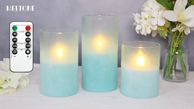 Image of MELTONE Sandblasted Lake Blue Flameless Candles with Remote & Timer, Real Wax Glass Ocean LED Candles, Home Holiday Farmhouse Christmas Summer Nautical Decor, Set of 3