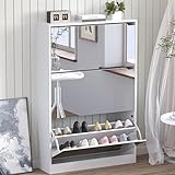 BORNOON Shoe Cabinet with 3-Flip Mirror Drawers, Freestanding Shoe Rack Organizer with Hidden Handle, Slim Narrow Shoe Storage Cabinet for Entryway, Entrance, Hallway, Bedroom
