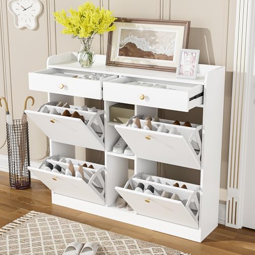 Moimhear Elegante zapatero blanco con 4 puertas plegables, 2 cajones, 3 compartimentos abiertos, perfecto para pasillos y entradas, tamaño 110 x 26 x 100 cm (blanco)