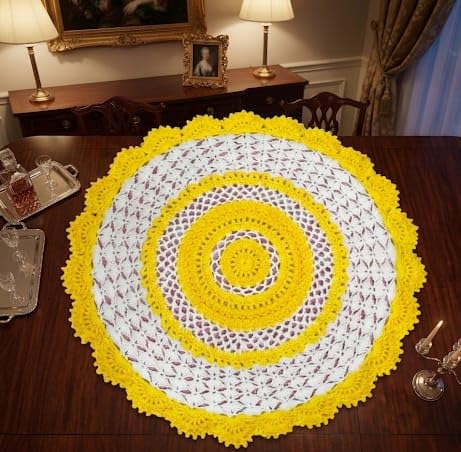 Handcrafted Woolen Crochet Table Cover, Yellow and White, Round, 20 Inch, Decorative Thalposh-image-47