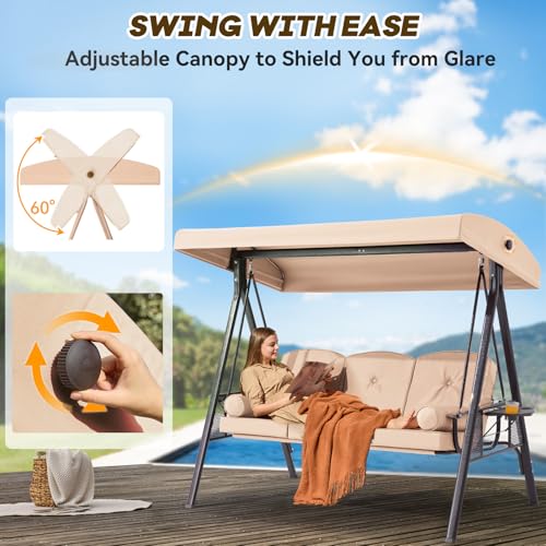 Image of 3 Seat Outdoor Patio Porch Swing with Adjustable Canopy, 3 in 1 Swing for Adults, Patio Swing Chair with Thickened Cushions,Pillows & Cup Holders for Backyard, Porch, Garden (Khaki)