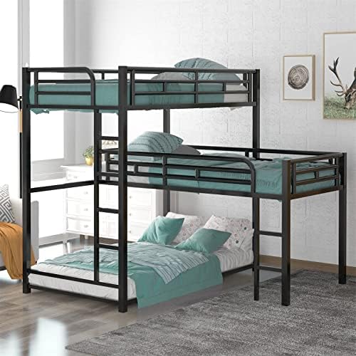 Triple Bunk Beds, L-Shaped Bunk Bed for 3 Kids Adults with 2 Built-in Ladders and Full-Length Guardrails, Space-Saving, Noise-Free Metal Triple Bunk Bed