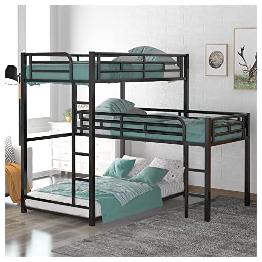 Triple Bunk Beds, L-Shaped Bunk Bed for 3 Kids Adults with 2 Built-in Ladders and Full-Length Guardrails, Space-Saving, Noise-Free Metal Triple Bunk Bed