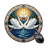 愛を成す白鳥 ステンドグラス 水面に映る陽光 マウスパッド 丸型 防水 オフィス 滑り止め 快適 薄型 ゲーミング 仕事用 男女兼用 直径20cm