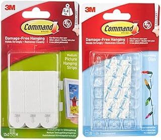 Command Medium Picture Mounting Strips, Pack of 12 x 2 Adhesive Strips, White, Holds up to 5.4 kg & 17026CLR Decorating Clips, Pack of 20 Mini Hooks and 24 Small Adhesive Strips, Transparent