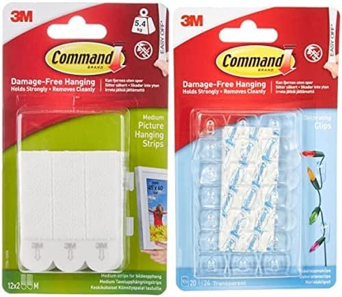 Command Medium Picture Mounting Strips, Pack of 12 x 2 Adhesive Strips, White, Holds up to 5.4 kg & 17026CLR Decorating Clips, Pack of 20 Mini Hooks and 24 Small Adhesive Strips, Transparent