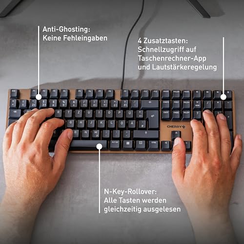 CHERRY KC 200 MX, Mechanische Office-Tastatur mit Eloxierter Metallplatte, Deutsches Layout (QWERTZ), Kabelgebunden, MX2A SILENT RED Switches, Schwarz/Bronze – Bild 6