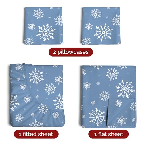 King Christmas Blue Snowflakes Sheet Set - Holiday Xmas Pattern Bedding Set - Deep Pockets - Snug Fit - 4 Piece - Wrinkle Free - Cooling Festive Winter - Holiday Sheets for Women, Men, Kids & Teens