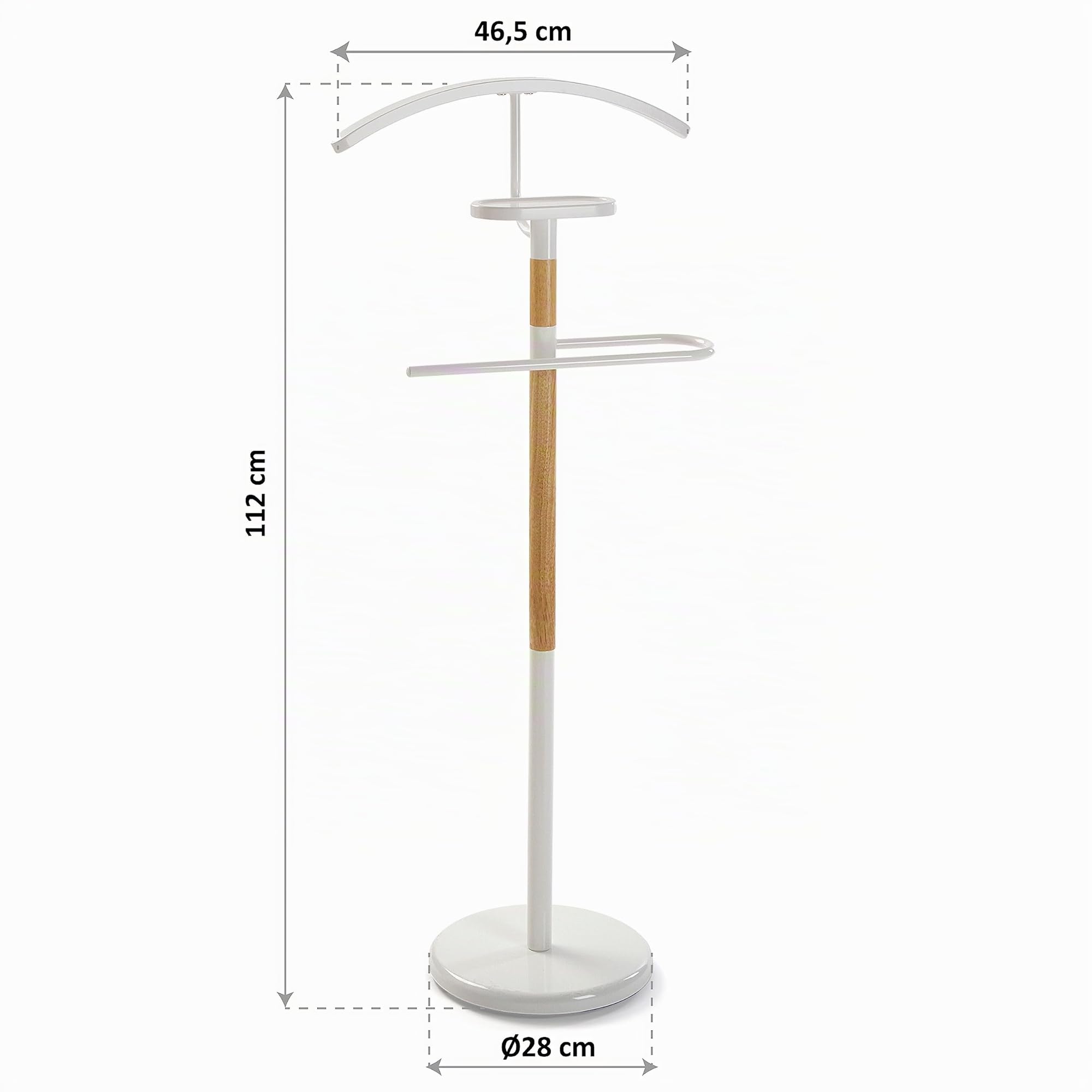 VERSA Holstebro Servo Muto Moderno e Multifunzionale, Appendiabiti Indossatore per Camera da Letto e Spogliatoio, Misure (A x L x l) 112 x 28,8 x 46,5 cm, Metallo e Legno, Colore Bianco