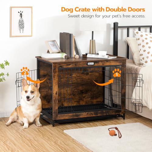 HOOBRO Dog Crate Furniture, 32.5" Medium Dog Kennel Indoor, Wooden Cage with Pull-Out Tray, Double Doors Pet House Side End Table for Medium/Small Dogs, Rustic Brown BF802GW03G1 - Image 3