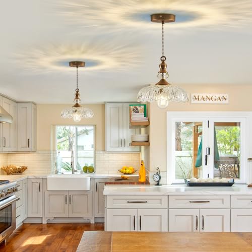 Image of CVKASH Vintage Glass Pendant Light Fixture Brass Modern Adjustable Chandelier Farmhouse Hanging Light for Hallway Porch Kitchen Bedroom Coffee Shop Dining Room Island