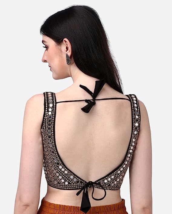Pujia Mills Women's Multicolor Heavy Phantom Silk Thread Zari And Sequence Work And Real Mirror Hand Work Readymade Saree Blouse (Sleeves Attached Inside) (Kanchi Blouse_Black_38 Size+ Margin)
