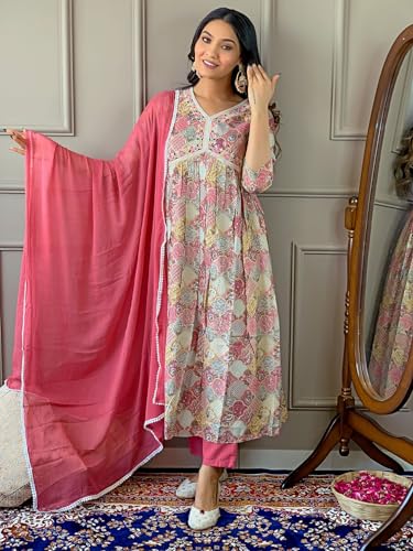 Image of Navlik Women's Viscose Rayon Embroidered and Printed Flared Kurta with Pant and Dupatta Sets (NK-411)