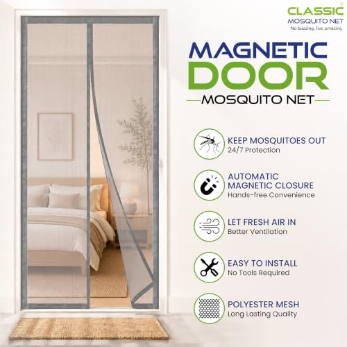 Image of Classic Mosquito Net for Doors with Magnets | Tear-Resistant Fiberglass Mesh | Auto-Close Magnetic Screen Door, Balcony & Kitchen | DIY Installation | Protection Insects (185 x 70 cm,Grey)