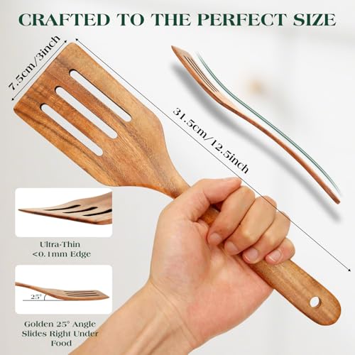 Bkiok Wooden Slotted Spatula for Cooking, Handmade Teak Wood Spoon Kitchen Utensil Flat Frying Spatula Turner for Nonstick Cookware — view 4