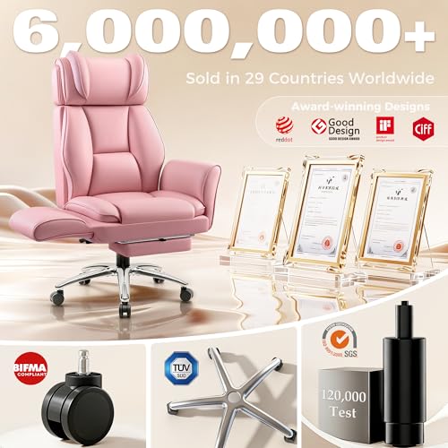 Image of Big and Tall Office Chair, Flip Armrests for Pets & Cross Legged Sitting, Ergonomic Leather Executive Desk Chair with Foot Rest, High-Back Reclining Computer Chair for Home Gaming, Peach Pink