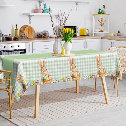 Image of QZYL 3 Pack Easter Tablecloths, 54 inch x 108 inch Disposable Easter Decorations, Sage Green Bunny Plaid Spring Tablecloth, Rectangle Plastic Easter Table Cloth with Easter Party Decorations Supplies Favors