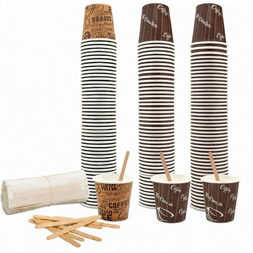COFFISANO Set mit 150 Kaffeebechern 75 ml aus braunem Papier + 150 Holzstäbchen; Einwegbecher und Rührstäbchen, recycelbar, für Restaurants, Büro, Sport, Bar, Espresso