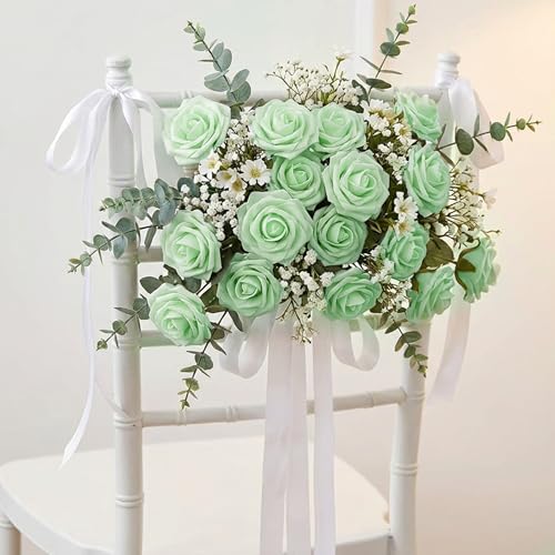 Image of 100Pcs Realistic Light Green Artificial Rose Flower Heads, Fake Light Green Foam Roses for DIY Wedding Decorations Baby Shower Centerpieces Home Party Valentine's Day Mother's Day Decor