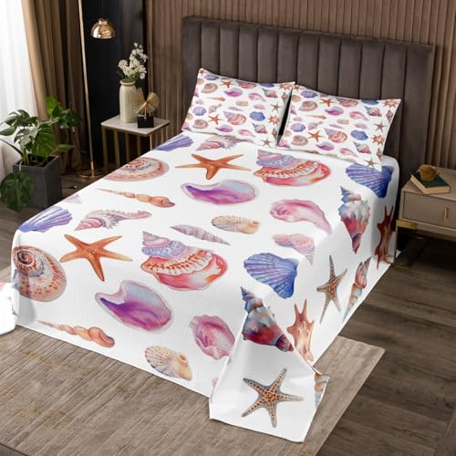 Castle Fairy Starfish Conch Quilt Set for Kids Teens,Coastal Style Shell Bedspread,Nautical Sealife Bed Cover White Pink Bedding Set Decorative Quilted Coverlet Set,Full Size
