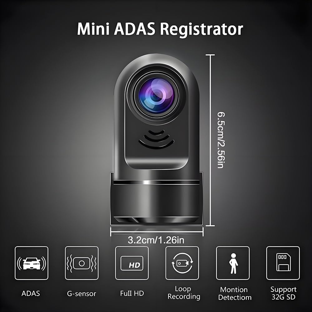 Mini cámara de salpicadero ADAS giratoria 1080P HD de 360°, nueva cámara de salpicadero de coche 2025, tarjeta de 16 GB/32 GB, modo de estacionamiento 24 horas/Wi-Fi integrado/visión nocturna/detecció