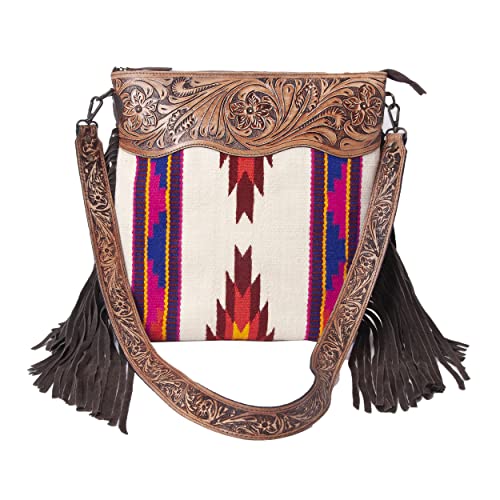 Women’s Cowhide Leather Crossbody Bag – Western Style Purse with Tooled Leather Accents and Adjustable Strap