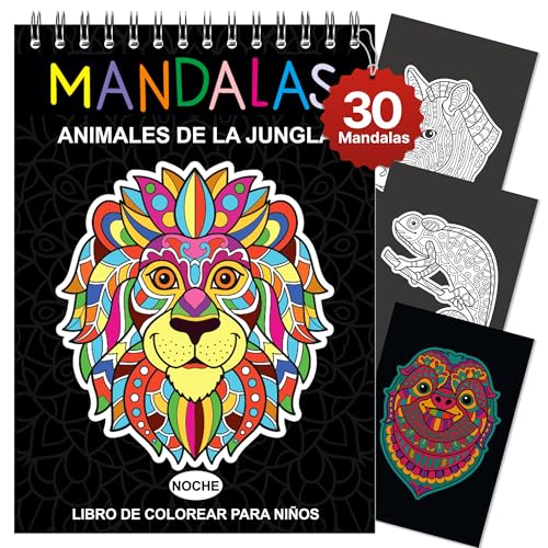 Finoly Mandalas para Colorear Niños, Libro de Animales A4, Cuaderno con Papel Grueso Premium, Encuadernación Espiral, 30 Diseños (Noche)