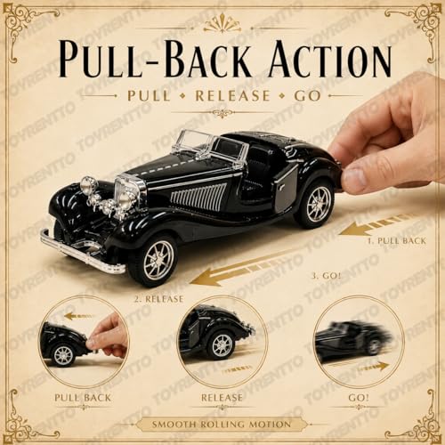 Image of 1:36 Scale Vintage Diecast Metal Roadster Toy Car, Openable Doors, Pull Back Action Classic Retro Model, Detailed Interior Collectible Gift for Kids Boys Girls Adults (Black)