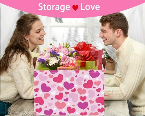 Image of Valentines Day Basket Large Foldable Heart Shaped Storage Box for Gifts Kids Empty Storage Bins Rectangular Toy Organizer Decor (Purple Pink White Love)