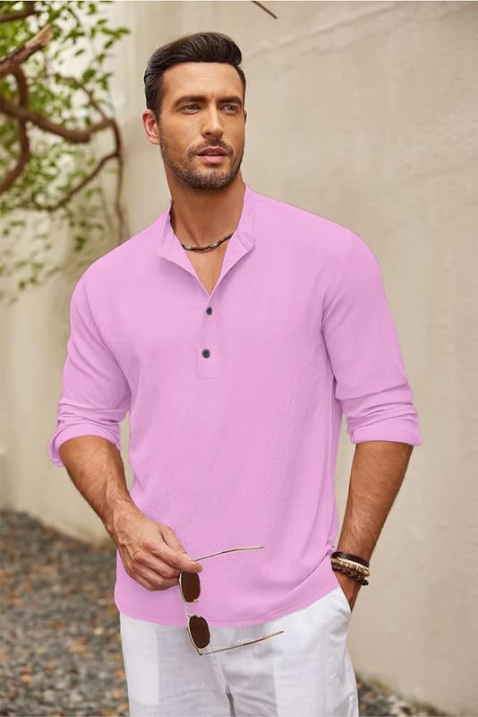 Image of Men's Cotton Blend Straight Kurta Shirt Combo with Mandarin Collar - Slim Fit Casual Short Kurti Set Featuring Textured Slub Fabric and Roll-Up Full Sleeves