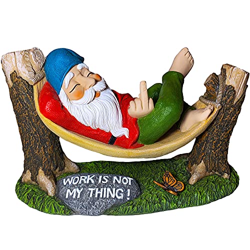 Garden Gnome in Hammock - Gnome Statue with Sign - Work is Not My Thing - 9.65 Inch Width Lawn Figurine
