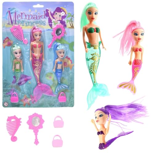 Lot de 7 jouets de bain – 3 poupées princesse sirène avec cheveux longs et brillants et accessoires miroir, jouets imperméables sur le thème de l'océan pour...