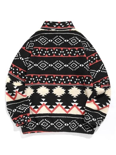 Image of ZAFUL Men 1 /4 Zipper Ethnic Aztec Fleece Unisex Winter Sweatshirt Tops 2026 | Funnel Neck Fluffy Polar Fleece Faux Sherpa Soft Thermal Pullover Kangaroo Pocket Jacket Hoodie Tops
