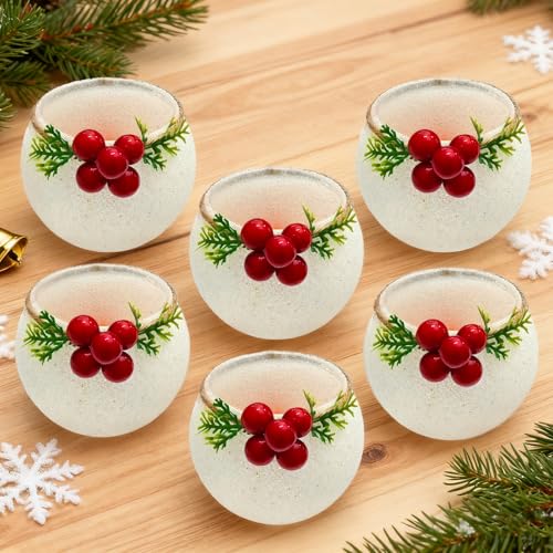 Christmas Votive Candle Holder Set of 6 with Snowy and Red Berry Pine Leaves Xmas Glass Tealight Candle Holders for Winter Xmas Table Centerpiece Decor Wedding Party Indoor Decorations Fireplace