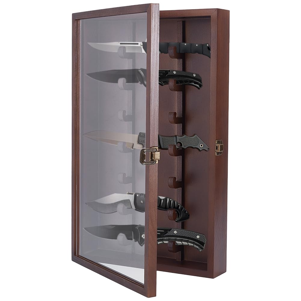 UNICRAFTALE Vetrina in legno con porta in vetro acrilico trasparente di cocco, coltello pieghevole militare, supporto militare, scatola per ombre per montaggio a parete, display da scrivania, 263 x