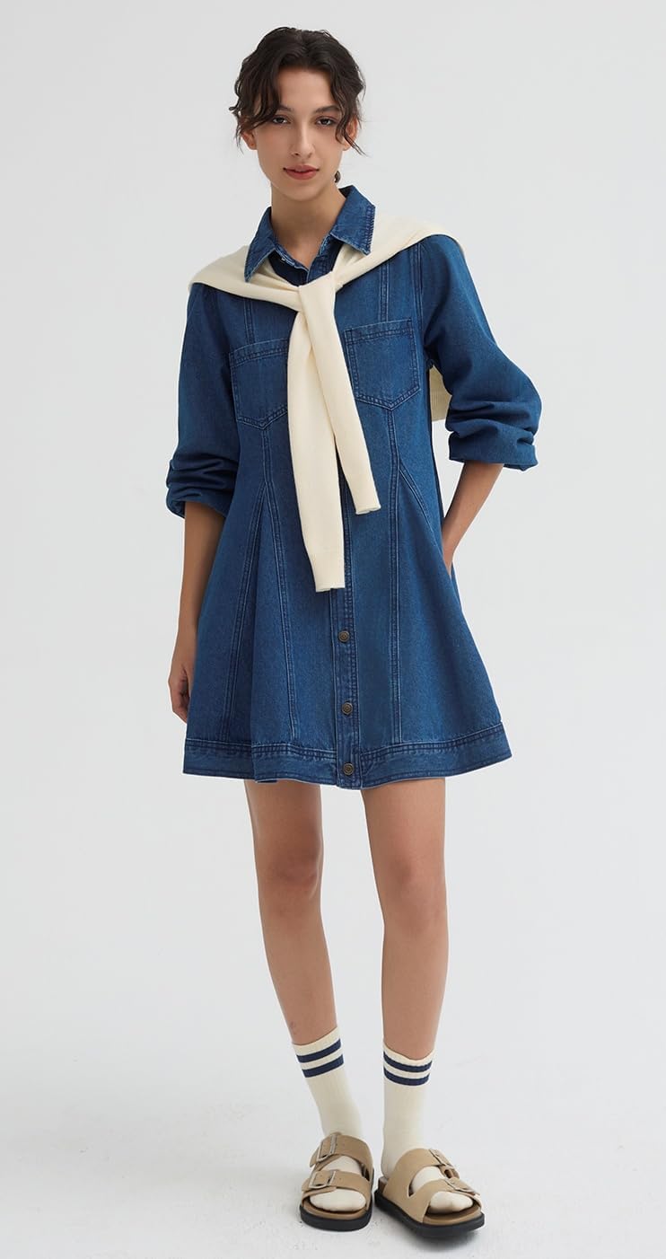 D-Sun Women's Long Sleeve Denim Dress Button Down Collar Casual A Line Swing Ruffle Jean Mini Dresses - Image 5