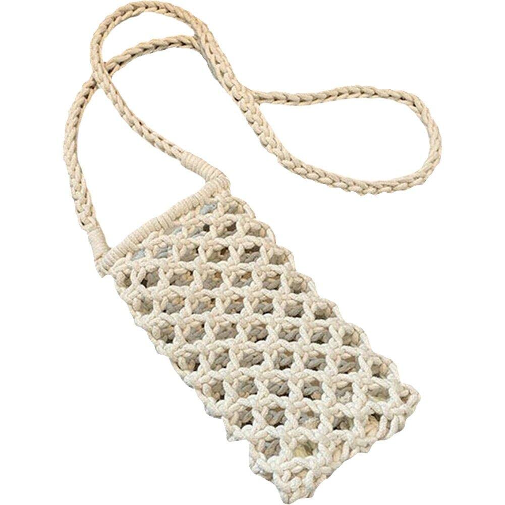 Danlai Women's Beige Small Crossbody Phone Bag Hollow-Out Woven Crochet Lightweight Braided Fashion Shoulder Handbag