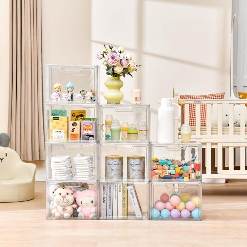 Image of Freebat Stackable Storage Organizers, Clear Acrylic Display Case, 9-Pack Acrylic Boxes with Lids, Clear Storage Containers Storage for Handbags, Collectibles & Figures