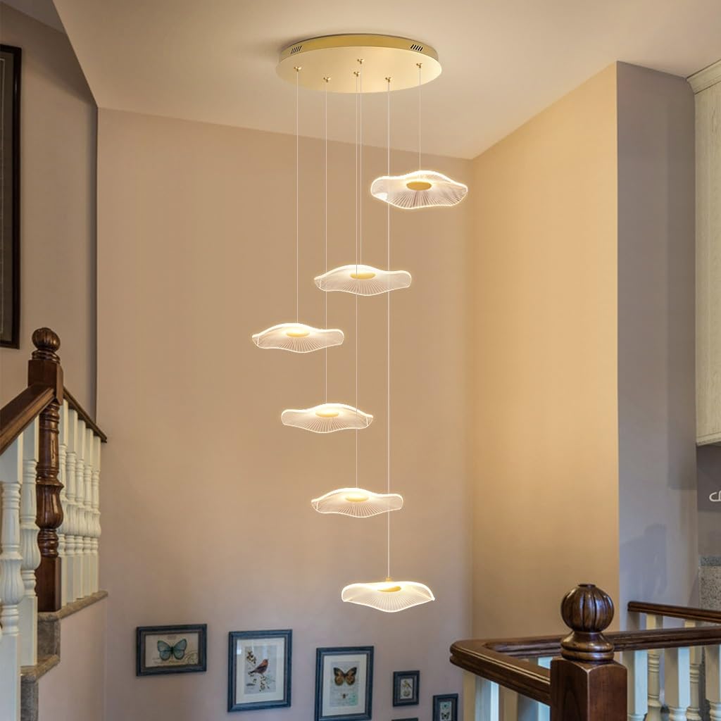 LED Nowoczesna plafonierka Lampka stołowa Lotos Liść Żyrandol Akrylowy Abażur Może Inteligentna Kontrola Złote Oświetlenie schodów Wysokość regulowana Korytarz salon kuchnia światło(6 heads)
