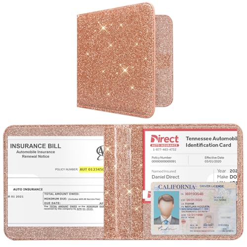 Image of CoBak Car Registration and Insurance Holder - Vehicle Glove Box Car Organizer, Auto Truck Comparment Accessories Case for Essential Document, Driver License, Cards (Glitter Rosegold)