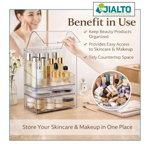 Image of JIALTO Makeup Organizer with Drawer Storage, Transparent Cosmetic Organizer Box with Dustproof Cover, Skincare Perfume Storage Case for Dressing Table, Bathroom Vanity Organiser for Women -Transparent