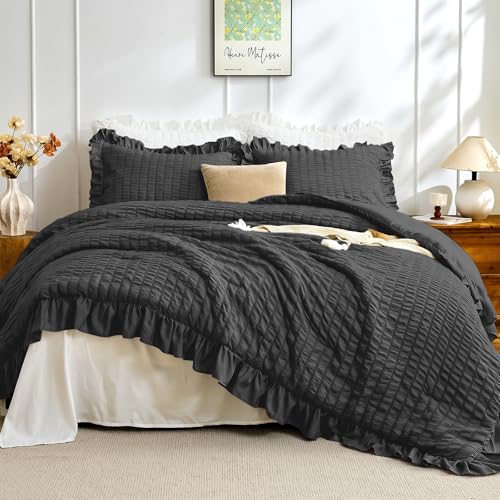 Image of JOLLYVOGUE Black Comforter Full Size, 3 Pieces Seersucker Lightweight Full Size Bedding, All Season Fluffy Microfiber Bedding Comforter Set with 1 Ruffle Comforter and 2 Ruffle Pillowshams